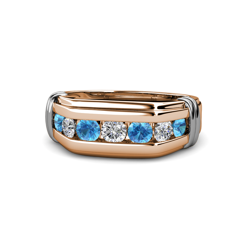 Brad Round Blue Topaz and Diamond 7 Stone Men Wedding Ring (8.5 mm) 